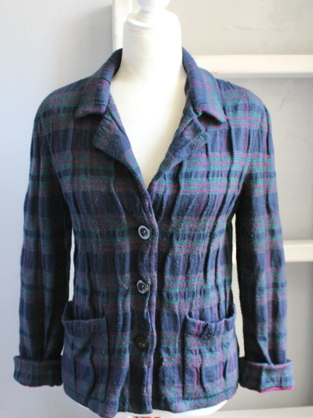Marc Jacobs Grunge Flannel Plaid Flannel Blazer Cardigan Blue Wool Size Small